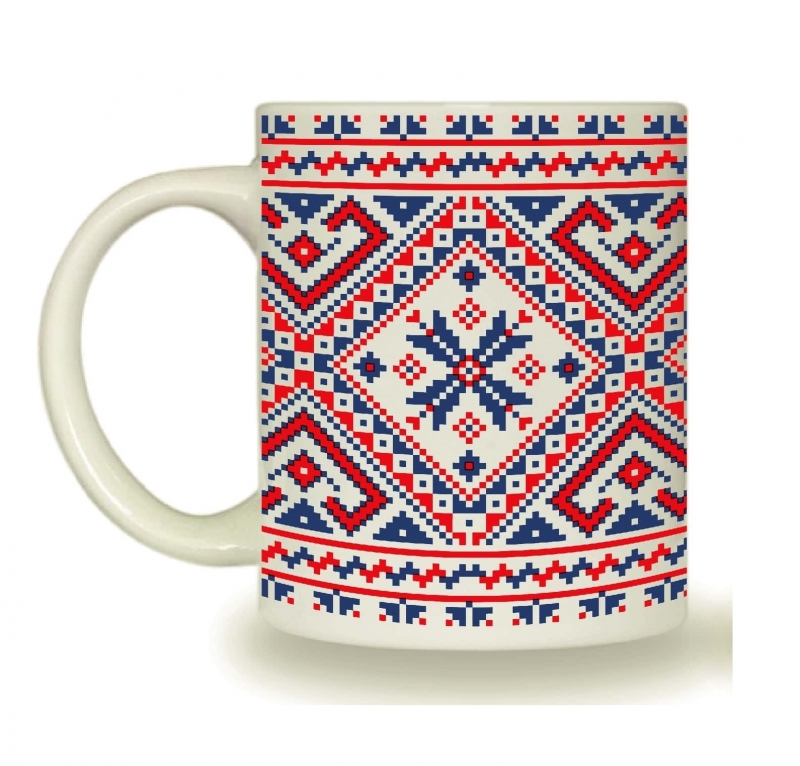 3718 Чашка 325мл Вишиванка синьо - червона циліндр  + подарункова  коробка