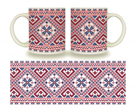 3718 Чашка 325мл Вишиванка синьо - червона циліндр  + подарункова  коробка