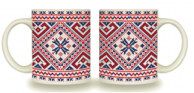 3718 Чашка 325мл Вишиванка синьо - червона циліндр  + подарункова  коробка