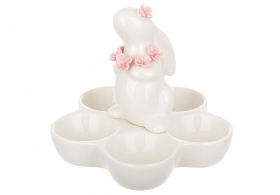 727-723 Підставка для 5-ти яєць порцелянова Зайчик з квітами, 14*14*12.2см, колір - білий