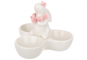 727-724 Підставка для 3-х яєць порцелянова Зайчик з квітами, 11.5*11*9.4см, колір - білий