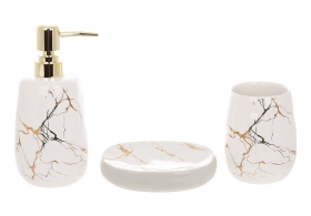 853-171 Набор для ванной (3 предмета): дозатор, стакан, мыльница, дизайн – белый мрамор с золотом